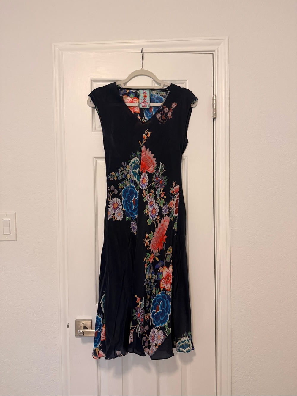 Johnny Was Black Floral Silk Midi Dress